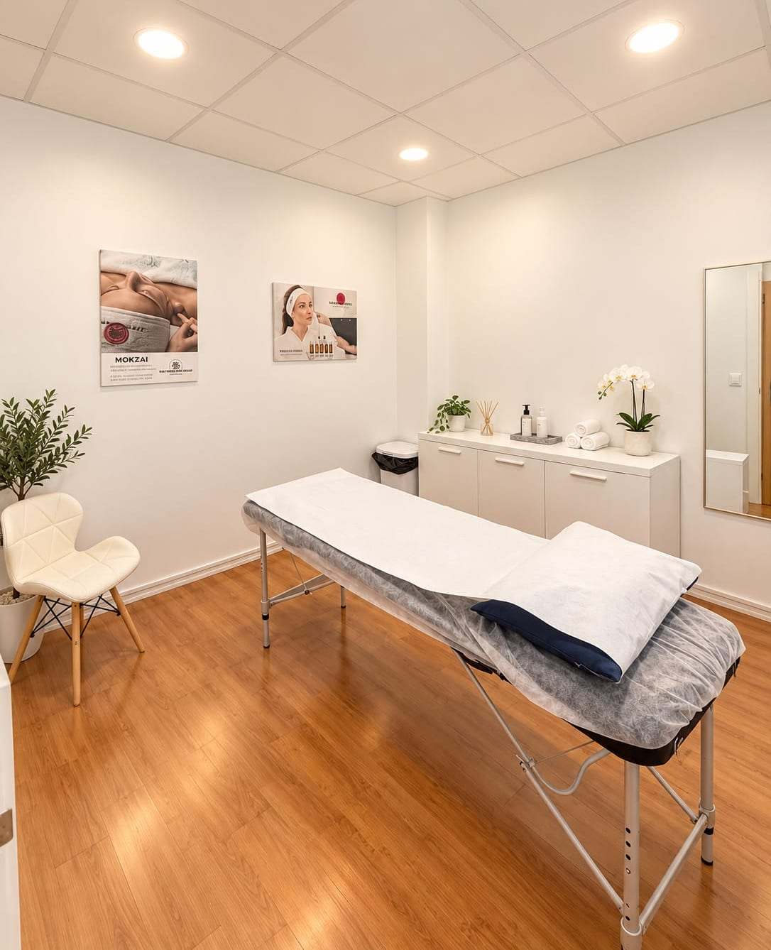 Cabina de tratamientos de Narumi con camilla, silla, mueble blanco con toallas y una orquídea