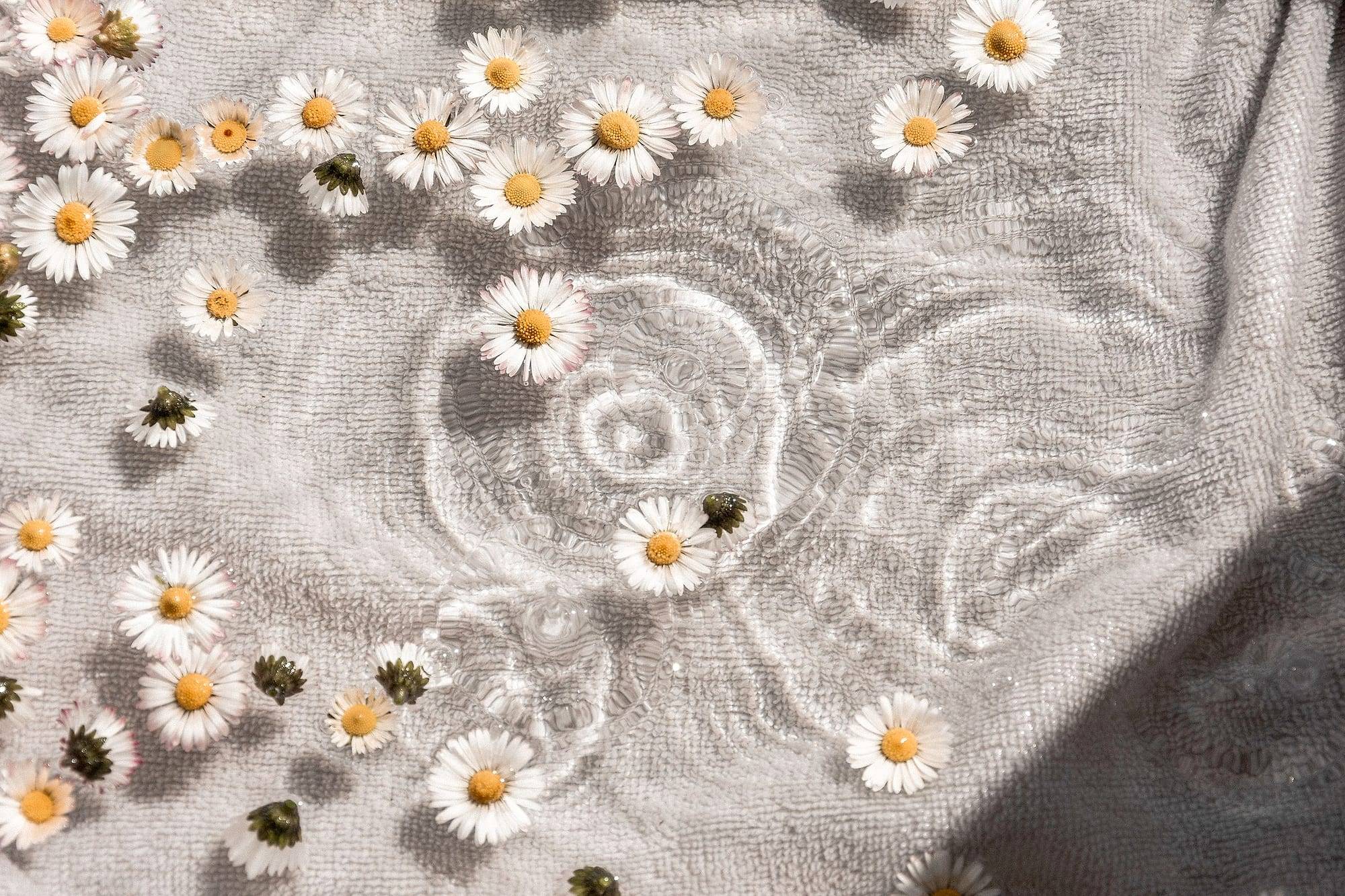 Daisies floating on rippling water with reflections over a pale towel