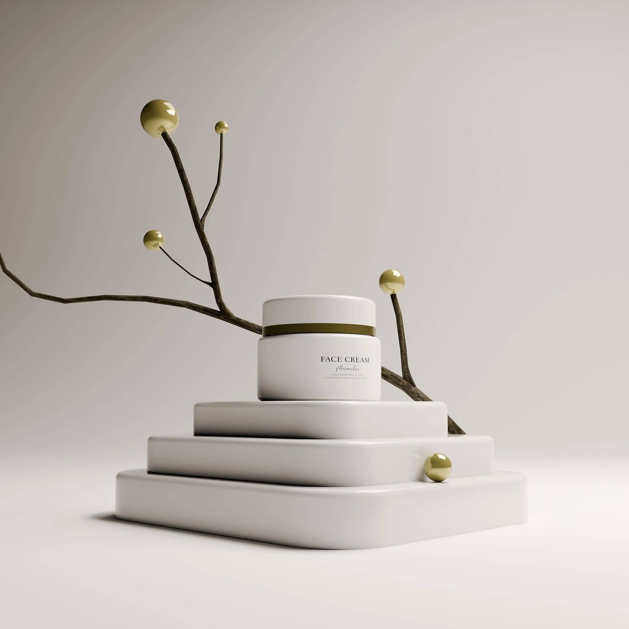 Face cream jar on stepped pedestals with a decorative branch